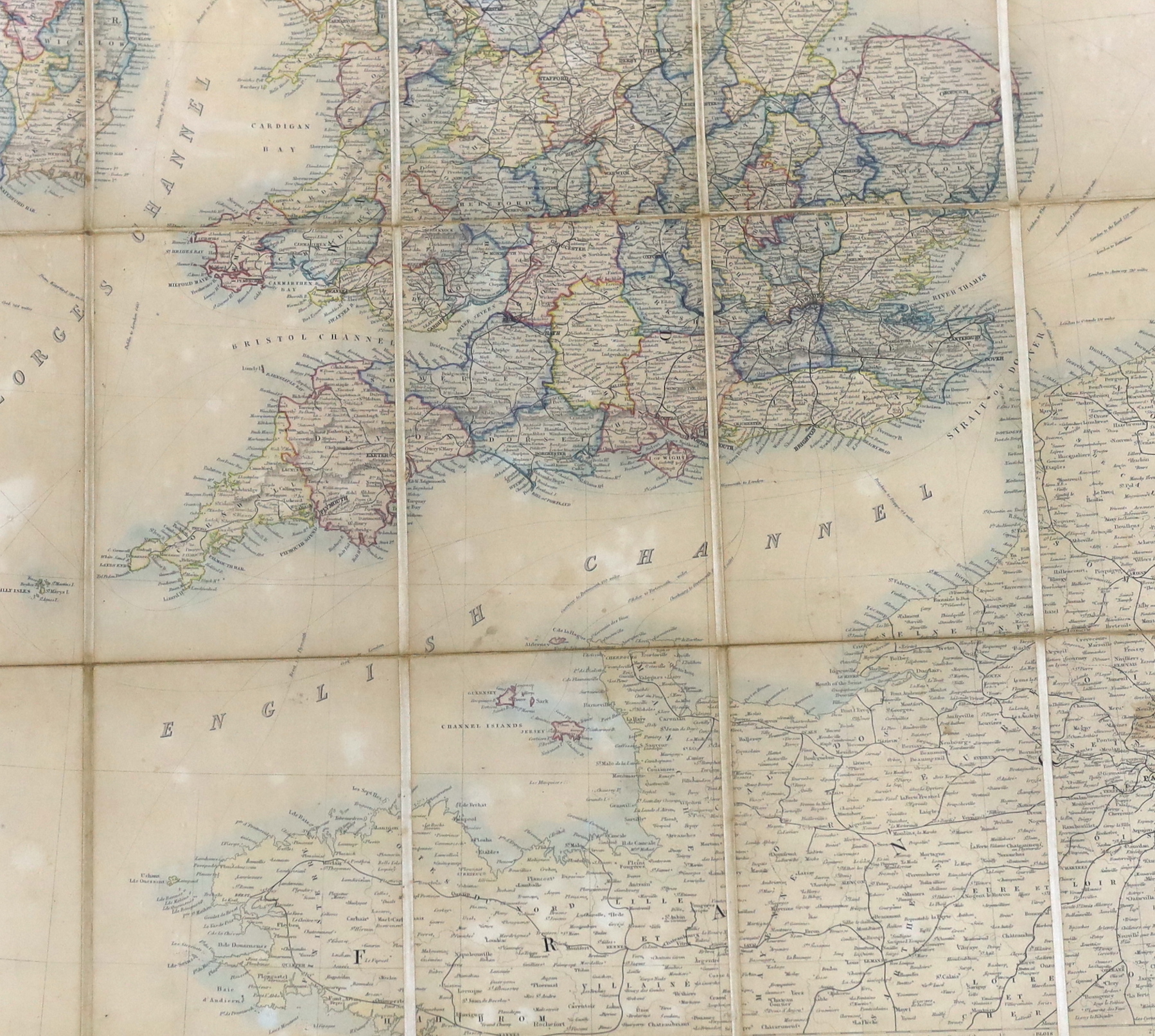 Benjamin Rees Davies, 19th century framed folding railway map of the British Isles and part of France, 1871, 95 x 79cm